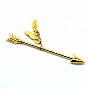 Gold plated arrow industrial piercing bars with feather dangle
