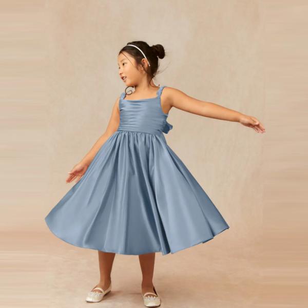 Wholesale Factory Lovely Blue Satin Flower Girl Dress A-Line Ruffles Tea-length Plus Size Sleeveless Children