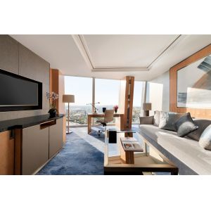 Star Hotel Room Furniture Upholstered bed with Sofa chairs and Fixed wood Panels