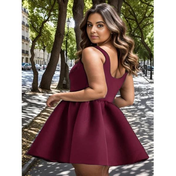 Mini Chic Square Neck Open Back A-line Ruffle Short Burgundy Satin Cocktail Dress