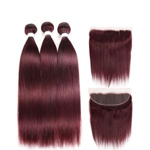 13X4 Lace Frontal 100% Brazilian Virgin Hair / 99J Color Silky Straight Human Hair Weave