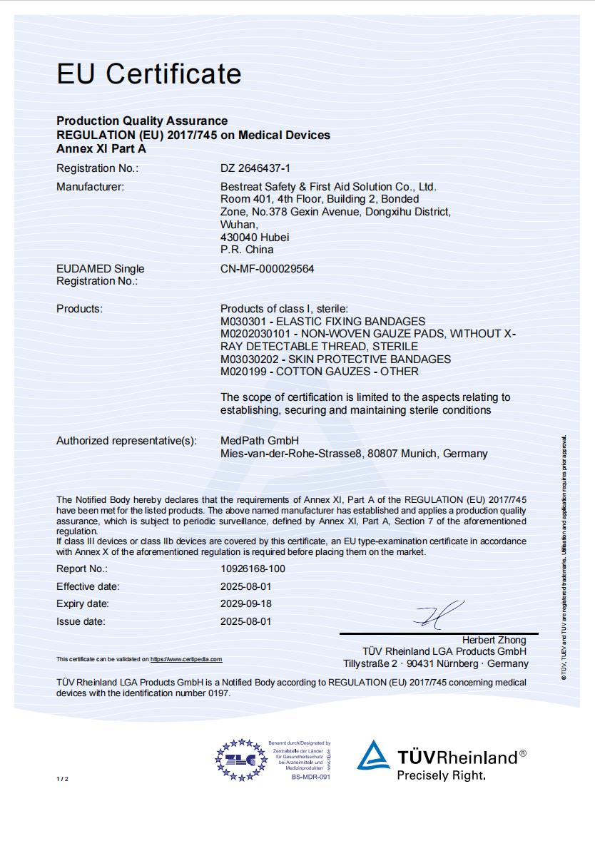 Bestreat Safety First Aid Solution Co.,Ltd Certifications