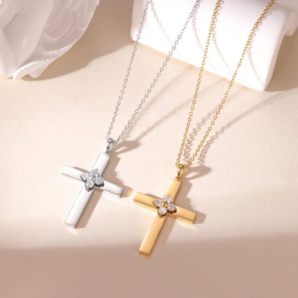 Stainless Steel Cross Pendant Necklace with Clear Zircon Stone Flower