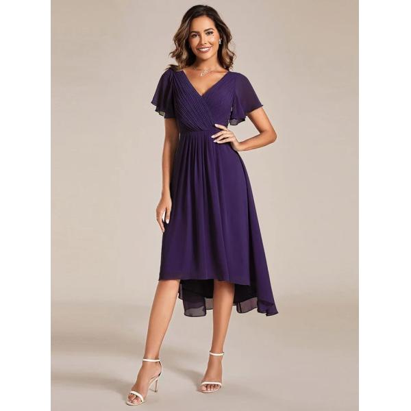 Chic V-neck High-low Short Flutter Sleeves A-line Ruffles Midi Invisible Zipper Dark Purple Chiffon Cocktail Dress