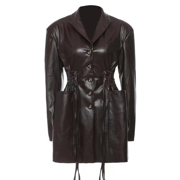 Breathable Women Fashion Drawstring Oversized Midi Winter Pockets Long Leather Jacket Coat PU Jackets