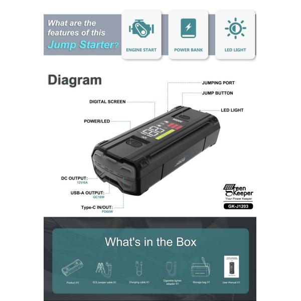 LCD Screen Function UltraSafe 12V 24V 3000A Battery Booster Pack For Car Jump Starter