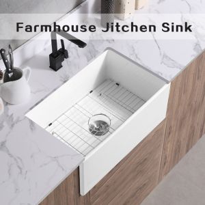 Rectangular Farmhouse Kitchen Sink Gloss White Single Bowl Kitchen Sink