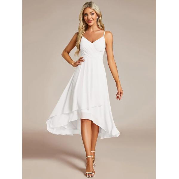 Popular V-neck Spaghetti Strap Empire A-line High-low Chiffon Wedding Guest Dress White Midi Prom Dress