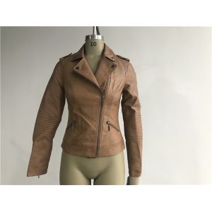 Asymmetrical Zip Through Tan / Camel Pu Jacket With Spongia Quilting Elbow