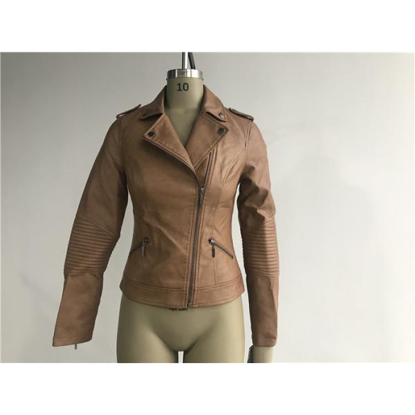 Buy Asymmetrical Zip Through Tan / Camel Pu Jacket With Spongia Quilting Elbow TW79682 at wholesale prices