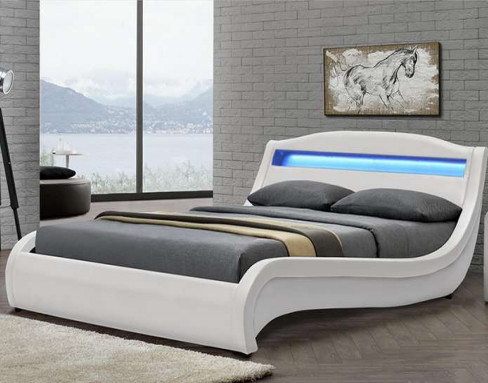Ergonomics Contemporary Upholstered Bed Frame White Pu Leather With LED Light