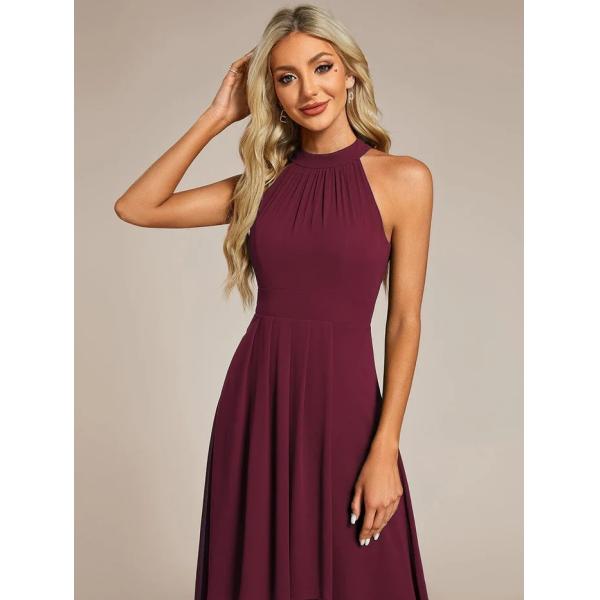 A Line Sleeveless Halter Neck Wedding Guest Dress Burgundy Chiffon Cocktail Dresses