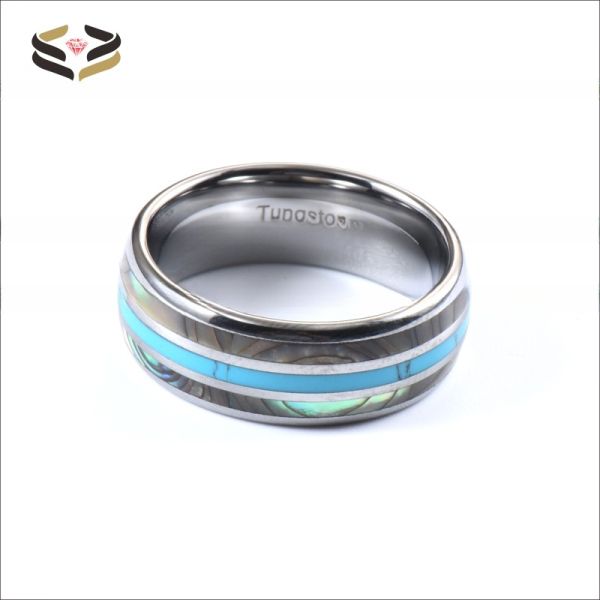 Third Party Appraisal Certified 8mm Abalone Shell Turquoise Inlay Tungsten Silver Wedding Band for Men
