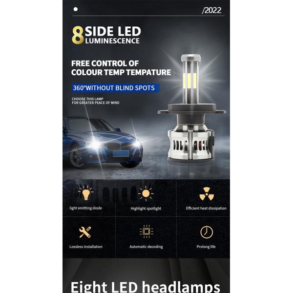 8 Sides H1 H3 H4 H7 9005 9006 Automotive LED Headlight 6000K 360 Canbus