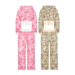 Custom Camouflage Embroidery Ladies Tracksuit Set Matching Hoodie And Sweatpants