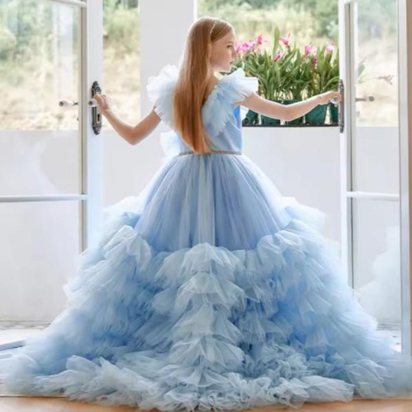 Summer Girl Clothing Blue Flower Tutu Long Wedding Dress Flower Girl Puffy Birthday Dresses Child