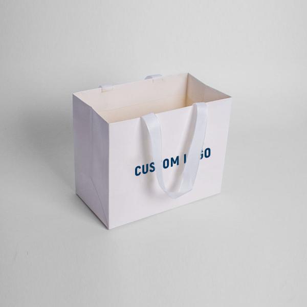 Buy Luxury Black Paper Bag With Ribbon Handles for Custom Printed Logo Jewelry Packaging at wholesale prices