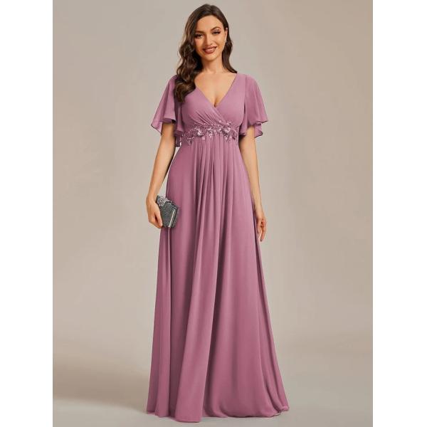 Sexy Empire Applique A-line Short Flutter Sleeves V-neck Invisible Zipper Purple Orchid Chiffon Bridesmaid Dress