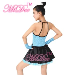 Fancy Polyester Lycra Girl Jazz Dance Dress With Rhinestones Choker Collar