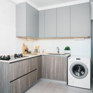 China American Small Luxury Gray Kitchen Cabinet Wood Grain Melamine Kitchen Storage Set on sale