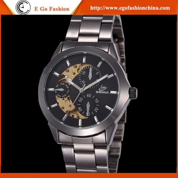SH30 SHENHUA Watches Hollow Out Black Gold Watch Silver Stainless Steel Watch