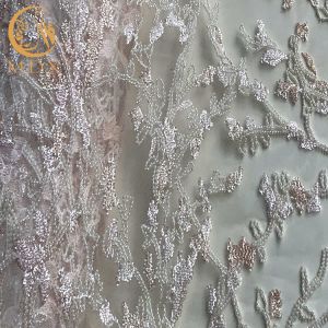 Machine Embroidery Beaded White Lace Fabric MDX Sequin 20％ Polyester