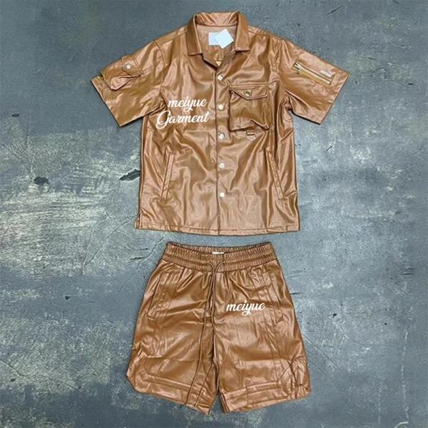 Custom Leather Polo Shirts Shorts 2 Piece Set Sweatsuits Button up Polo T Shirt Drawstring Cargo Shorts Pants Tracksuits for Men