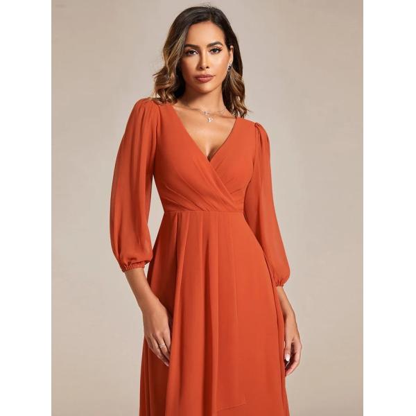 Elegant Empire Long Sleeve V-neck High Low A-line Ruffled Midi Burnt Orange Chiffon Wedding Guest Cocktail Dress