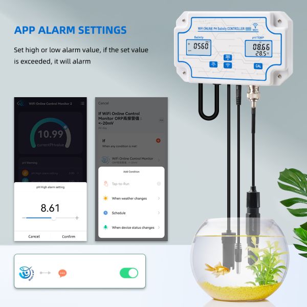 Tuya Online Salinity Meter with 0~199.9ppt Range and 0~14.0pH Multiparameter Water Quality Tester for Mariculture and Aquarium