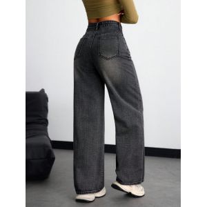Inky gray high-waisted straight-leg jeans for women