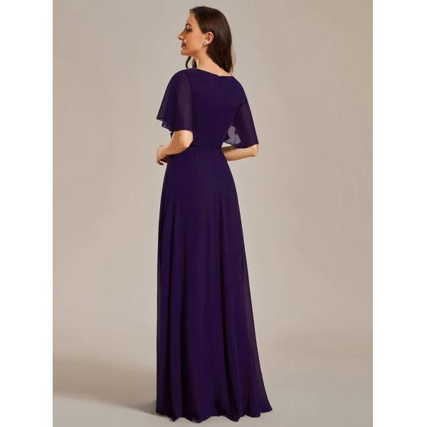 Sexy Empire Applique A-line Short Flutter Sleeves V-neck Invisible Zipper Dark Purple Chiffon Bridesmaid Dress