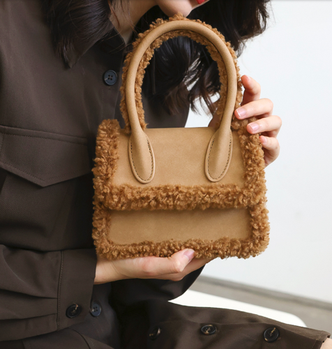 18cm Womens Leather Bag Lamb Wool Plush Brown Suede Handbag