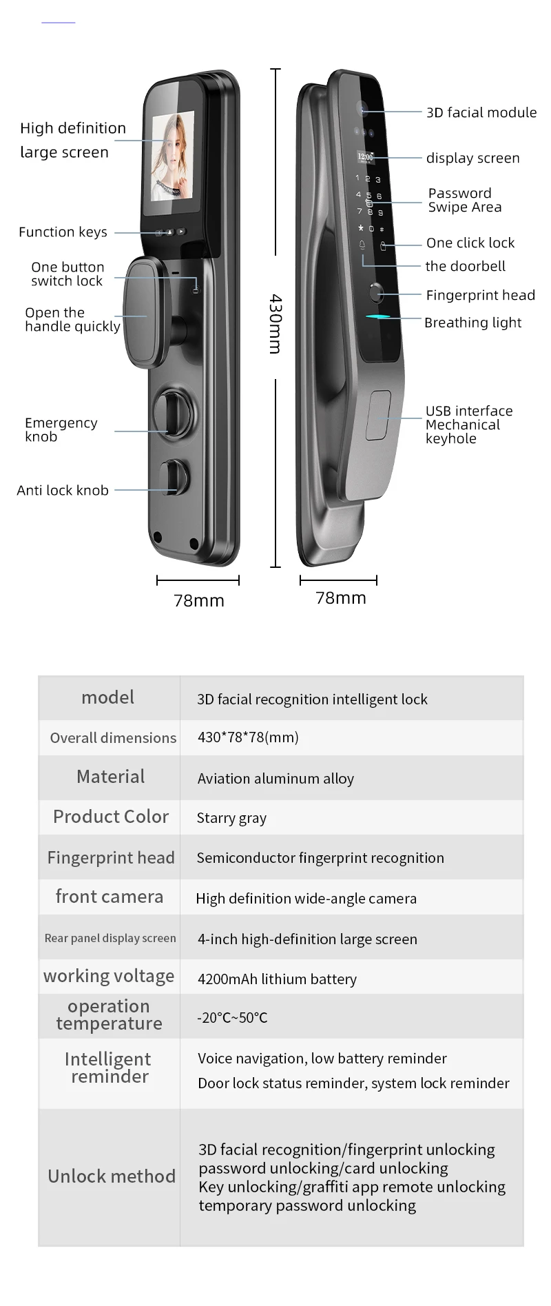 Facial recognition intelligent lock fully automatic Tuya Smart secure home