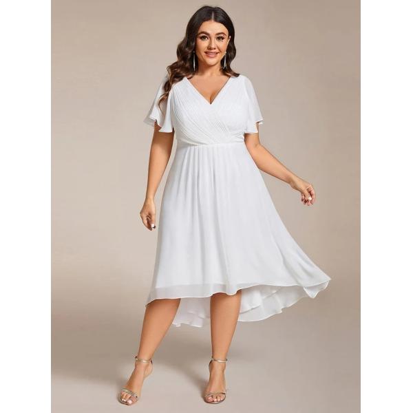 Empire Plus Size V-neck High-low A-line Short Sleeve Ruffled Burgundy Chiffon Wedding Guest Prom Dress
