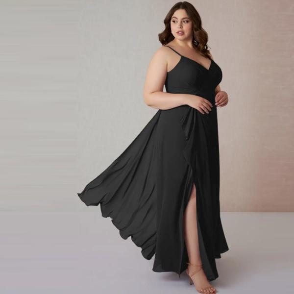 Manufacturer ODM Black Chiffon Bridesmaid Dress Spaghetti Straps Sleeveless A-Line Front Split Slit Sleeveless Pleated