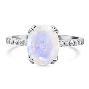 China Elegant Plated Oval Cut Claw Setting Moonstone With CZ Rings Engagement Women Anniversary Ring on sale