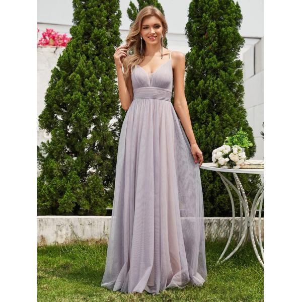 Ruffle Spaghetti Strap Empire Pleated Sleeveless A-line Backless Grey Bridesmaid Dress