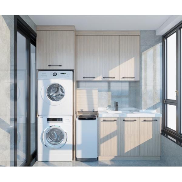 Beige Wood Grain Balcony Cabinet With Multi-Appliance Integration