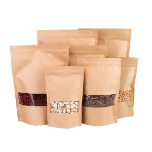 Custom Biodegradable Brown Stand Up Pouches With Zipper And Window For Food