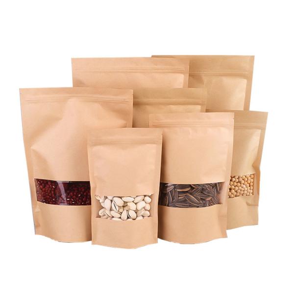 Custom Biodegradable Brown Stand Up Pouches With Zipper And Window For Food