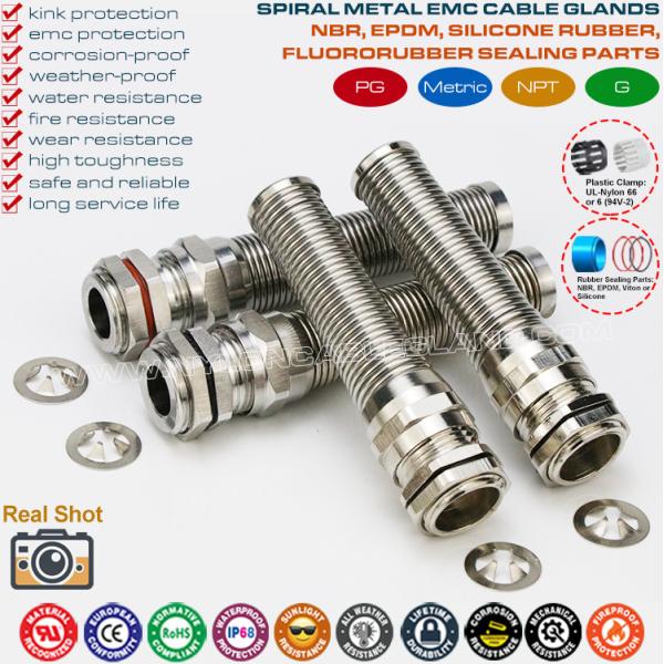 Buy EMC Version 304 or 316 Grade Stainless Steel Cable Glands PG7~PG48 with Spiral Flexible Strain Relief Protector at wholesale prices