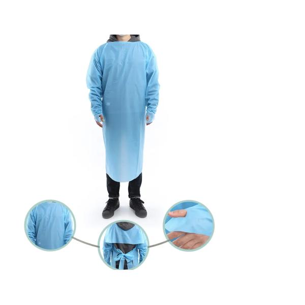 Buy Disposable Waterproof CPE long sleeve apron hospital CPE isolation protective smock gown with finger loop at wholesale prices
