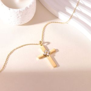 Stainless Steel Cross Pendant Necklace with Clear Zircon Stone Flower