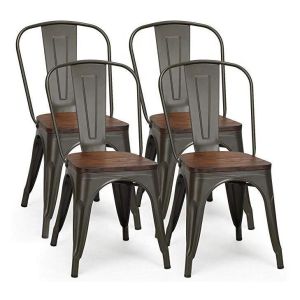 China Industrial Metal Dining Chair with Wood Cushion - Stackable Design on sale