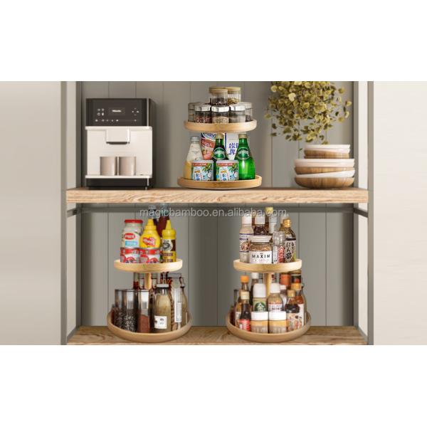 Standing Type 2 Tier Natural Bamboo Lazy Susan Turntable Organizer for Modern Kitchen