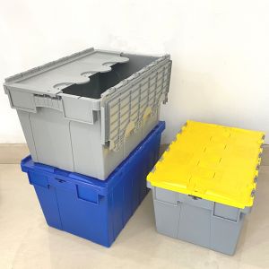 67 litre Nesting Crates Plastic Attached Lid Tote Container Plastic Moving Boxes