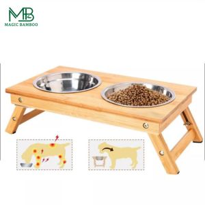 Bamboo Foldable Pet Feeder Non-Slip Two Bowls