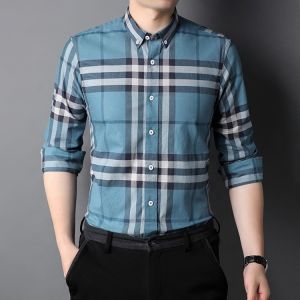 Button Down Collar Casual 100% Cotton Oxford Men's Long Sleeve Plaid Shirt for