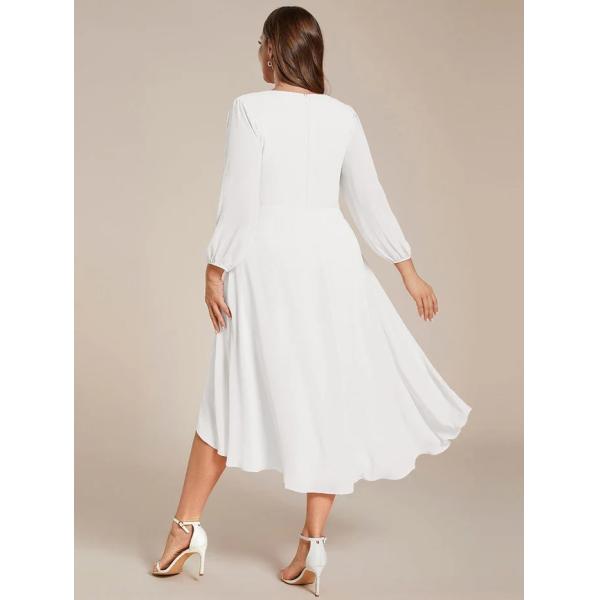 Plus Size Ruffled A-line Long Sleeve V-neck High Low Wedding Guest White Chiffon Party Dress
