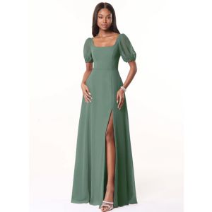 Quality Wholesale Keyhole Back Square Neckline Chiffon Long Bridesmaid Dress Floor-Length A-Line Short Sleeve Front Split Slit for sale